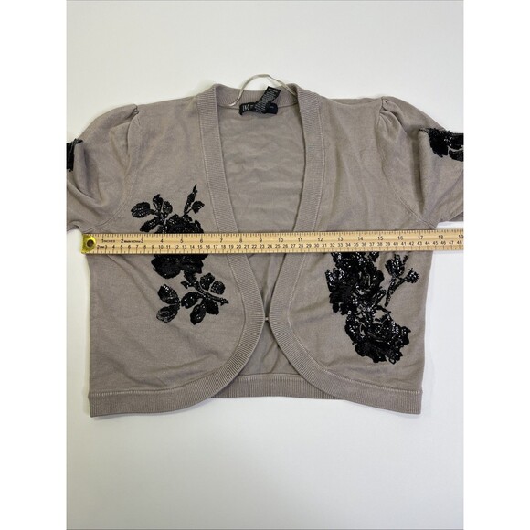 INC Cropped Cardigan Petite M Beige Floral Sequin Open Front Sweater - Picture 7 of 8